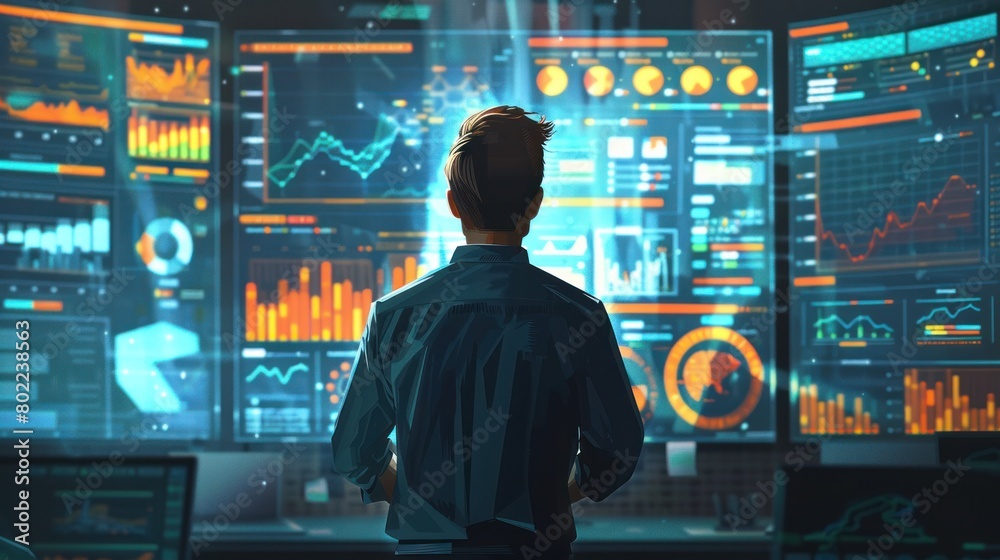Businessman looks at graphs and charts showing market growth trends. Leverage this valuable information to inform strategic decisions and capitalize on emerging opportunities.