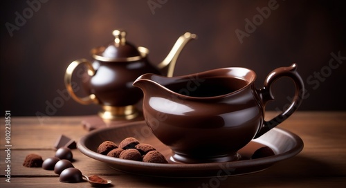 Gravy boat with tasty molten chocolate on wooden table with copy space photo
