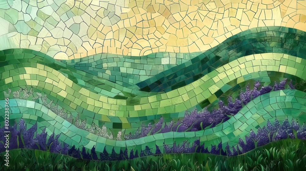 Obraz premium French countryside Mosaic, lavender field, Stained Glass Illusion 