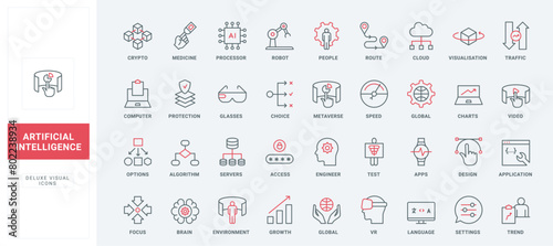 AI, digital brain language and settings line icons set. Crypto technology and data protection, robot and focus on trends, graphic design thin black and red outline symbols vector illustration