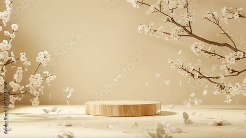 empty wodden pedestal with cherry blossoms