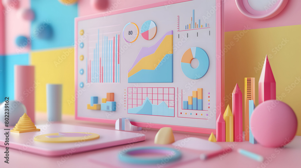 3D model of a pastel color dashboard with graphs and charts, 3D Illustration, Bold 3D clay pie chart, Low poly 3D model of a pastel color dashboard with graphs and charts, 3D Illustration, Bold 3D clay pie chart, Low poly