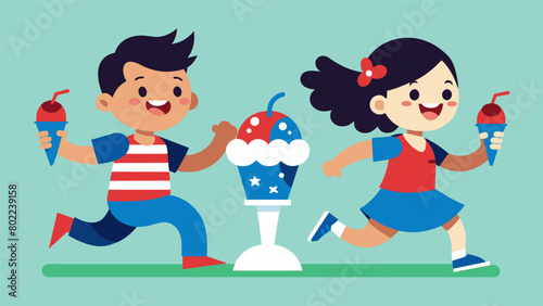 A pair of siblings racing to finish their red white and blue ice cream sundaes their faces and hands covered in sticky sweet goodness.. Vector illustration