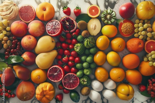 Illustrate a digital CG 3D rendering of a mesmerizing birds-eye view looking down on a diverse array of fresh fruit arranged in a geometric pattern on a sleek, modern countertop Each fruit should glis photo