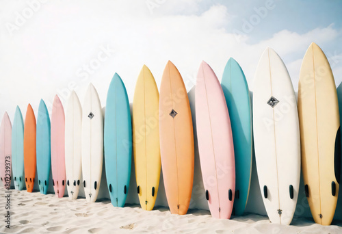 Relaxing by the Sea: Colorful Surfboards Resting on Sandy Shoreline