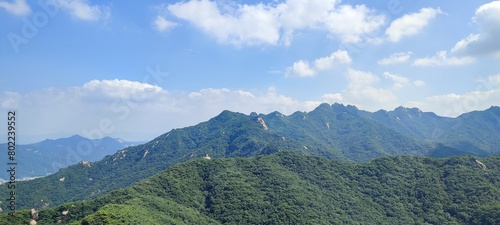 summer view of peak and rock at Sapaesan Mountain, South Korea. hiking. Korean mountain scenery.