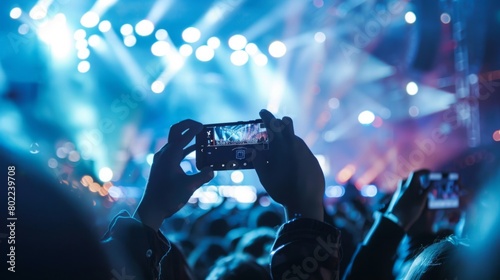 Individual capturing the live concert with a smartphone, focusing on the stage and audience.