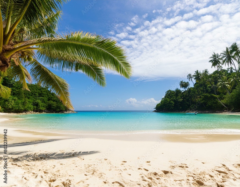 Travel Beach Concept Pristine white sand meets a tranquil sea bay under a sunlit blue sky. Featuring exotic paradise vibes from the Mediterranean to the tropics, with green palm trees