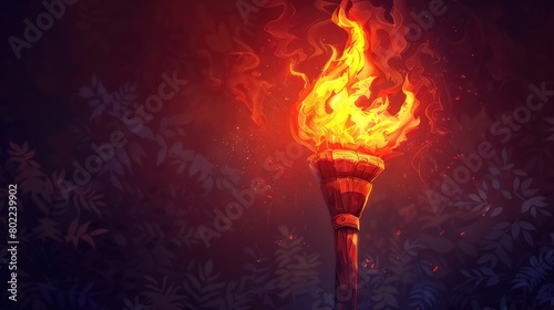 Illustration of a wooden torch fire. 3d medieval fire lamp. Combustion element design 