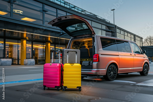 Suitcases and luggage in front of a minivan, ready for airport transfer