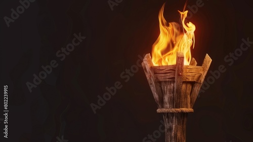 Illustration of a wooden torch fire. 3d medieval fire lamp. Combustion element design 