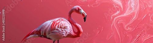 Illustrate a high-angle view of a flamingo with intricate digital detailing, showcasing its delicate feathers and slender legs in a photorealistic style that pops off the screen, perfect for a modern © nattapon