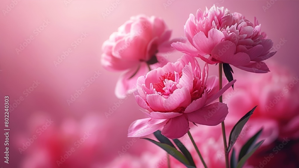 Flat lay border of Peonies flowers and leaves on a light pink background. Greeting card for woman or mothers day, Easter, wedding, Birthday. Botanical illustration template with copy space. Flat lay border of Peonies flowers and leaves on a light pink background. Greeting card for woman or mothers day, Easter, wedding, Birthday. Botanical illustration template with copy space.