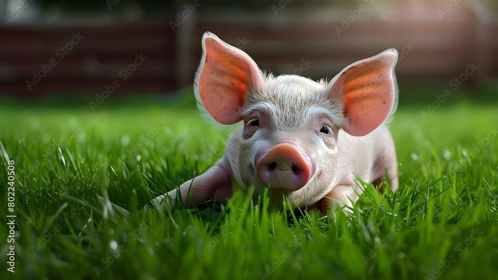 Piglet in a Green Grass Field: A Symbol of Nature's Love. Concept Nature, Love, Piglet, Grass Field, Symbol Piglet in a Green Grass Field: A Symbol of Nature's Love. Concept Nature, Love, Piglet, Grass Field, Symbol