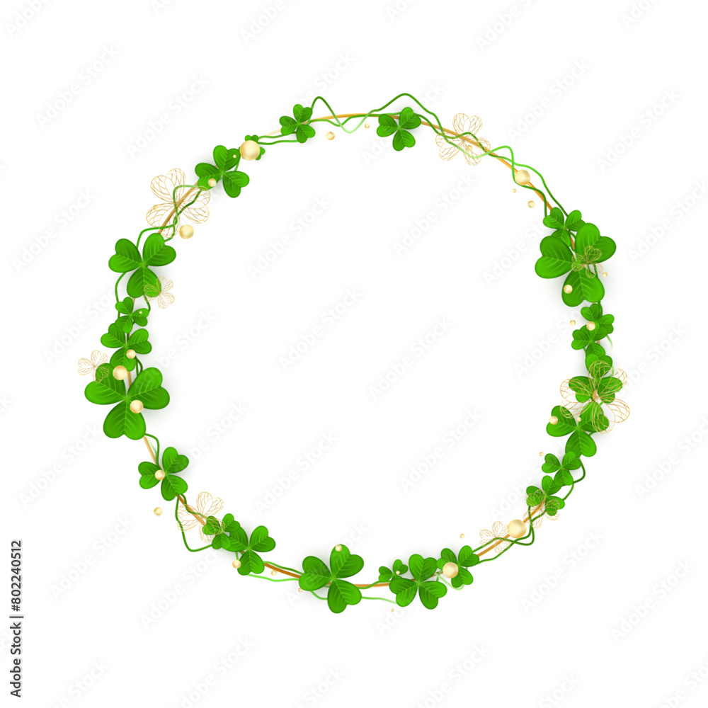 Realistic shamrock twisted wreath. Elegant intertwined clover branches Realistic shamrock twisted wreath. Elegant intertwined clover branches