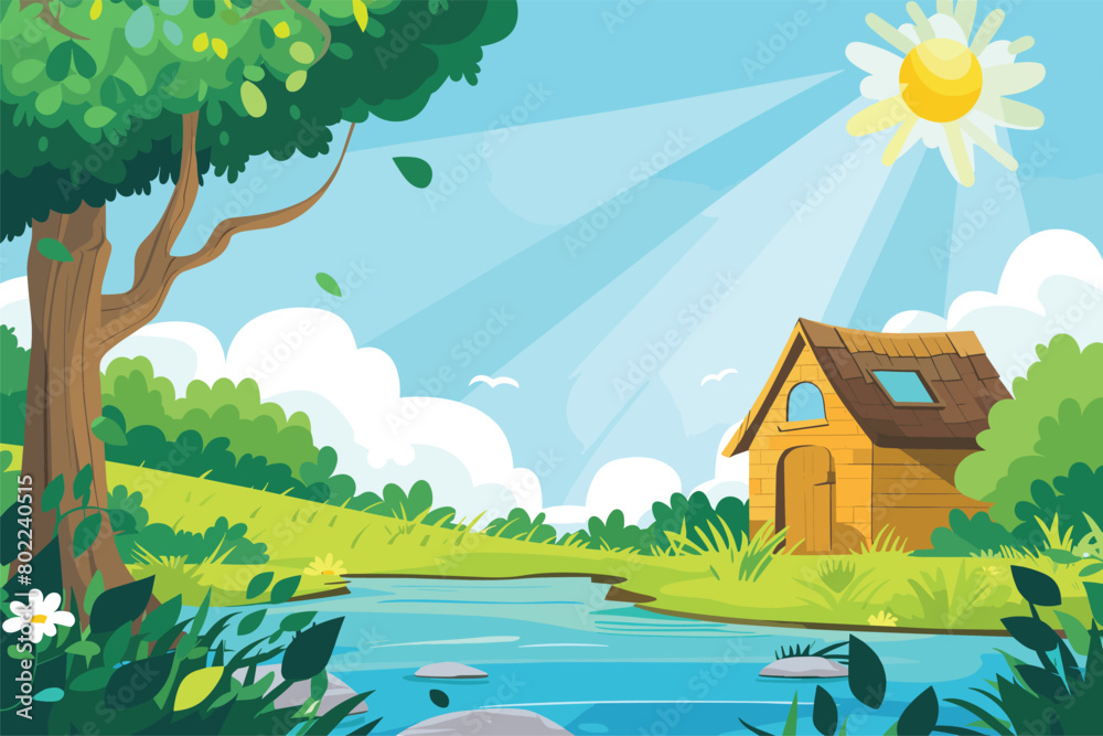 Fototapeta premium Village house at river side, Village scene with along the river, Scene with wooden cottage in the field by the river, Vector illustration