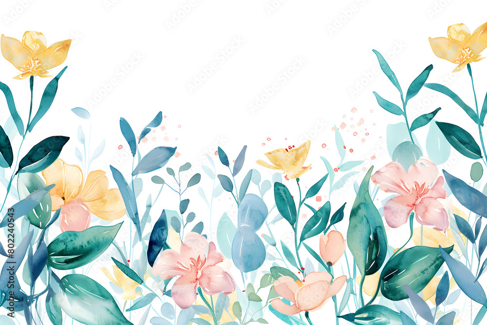 Obraz premium A watercolor spring banner with vibrant flowers and soft pastel colors, perfect for seasonal celebration invitations or greeting cards.