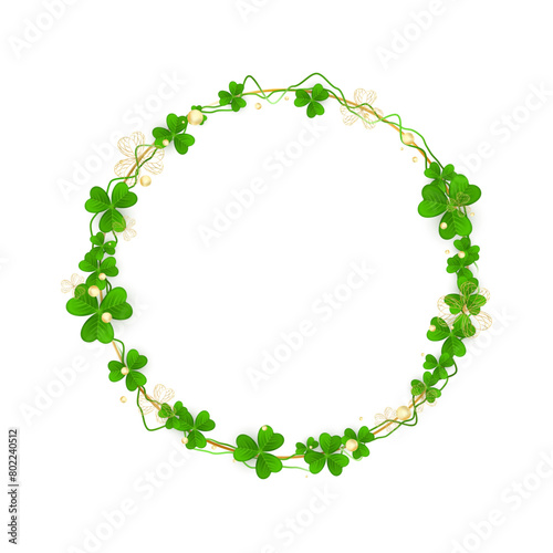 Realistic shamrock twisted wreath. Elegant intertwined clover branches