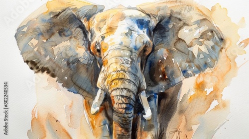 Illustrate a low-angle watercolor rendition of an elephant  showcasing the interplay of light and shadow on its massive form  with delicate brushstrokes bringing out the gentle expression in its eyes