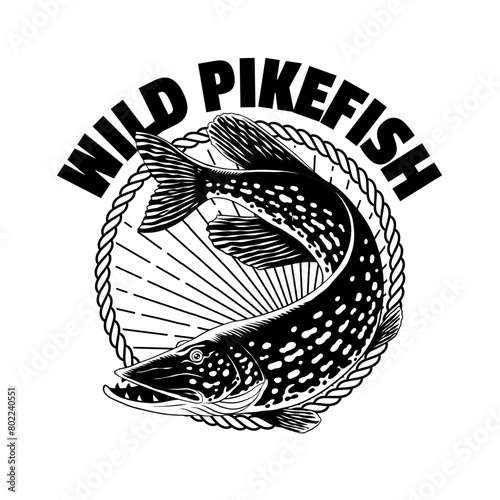 Vintage T-Shirt Design of Wild Pike Fish in Black and White (ID: 802240551)