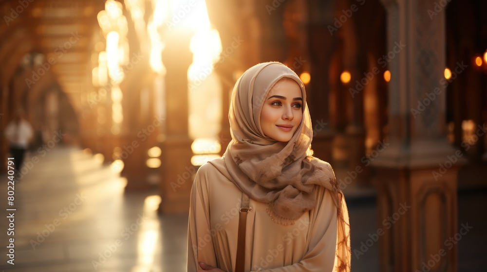 muslim lady wearing hijab in front mosque ramadan theme muslim lady wearing hijab in front mosque ramadan theme