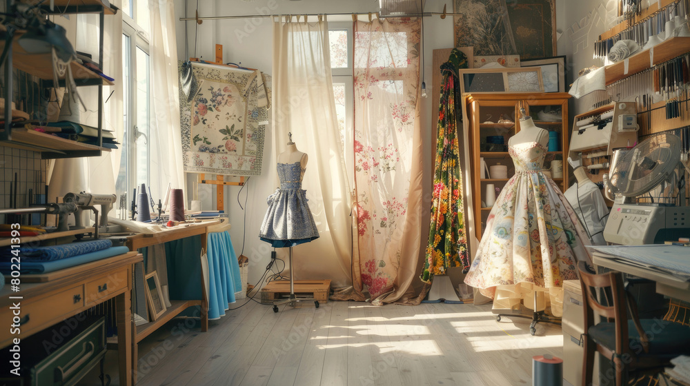 Interior of Designer Studio with Fabrics and Mannequins Interior of Designer Studio with Fabrics and Mannequins