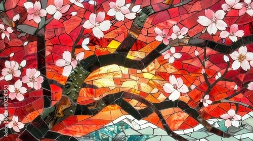 Japaneese nature Mosaic , sacura blossom, Stained Glass Illusion 
