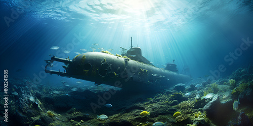 submarine under water, subamrine, deep sea, underwater ship in the background 