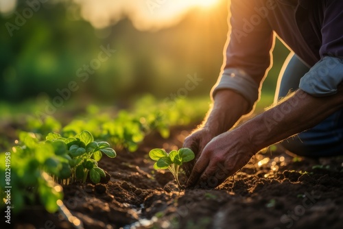 A farmer planting seedlings using sustainable agriculture methods, rows of crops in the background, space for text, minimalist style