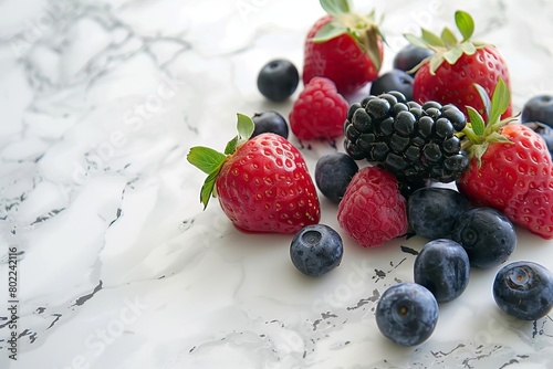 Illustrate a medley of ripe berries bursting with flavor on a clean  white marble countertop Enhance the image with a soft-focus effect to create a dreamy  inviting atmosphere