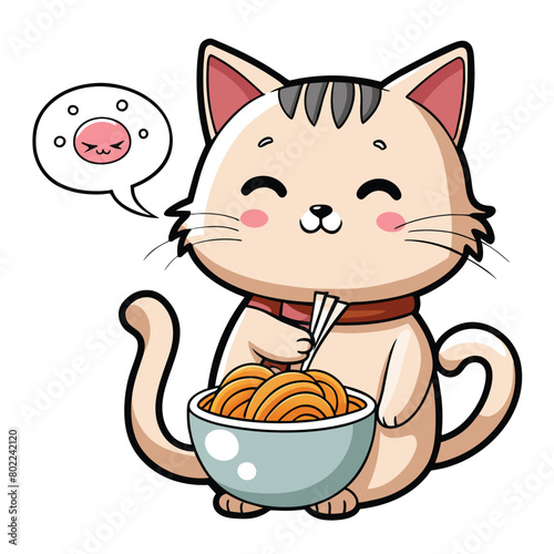 a cartoon cat with a bowl of noodles in it and a cat with a bowl of noodles in it