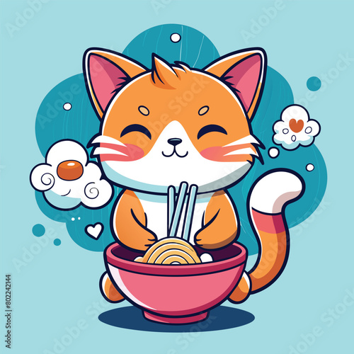 a cartoon cat with a bowl of noodles in it and a cat with a bowl of noodles in it