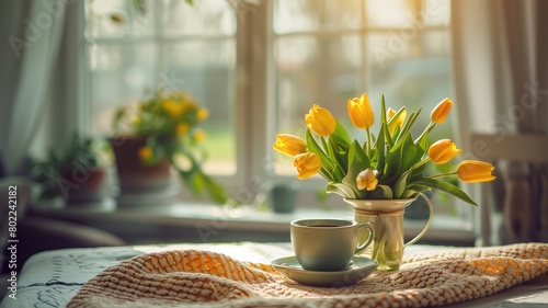 Cozy nook with tulips in a vase and morning coffee. #802242182