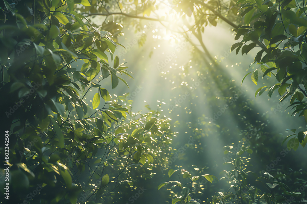 Obraz premium Sunlight filtering through lush greenery in a tranquil forest setting