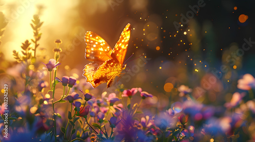a golden butterfly sits on a flower in the sun