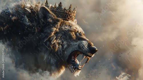 Noble beast adorned with a kingly crown growling with a soft fog surrounding in the background. photo