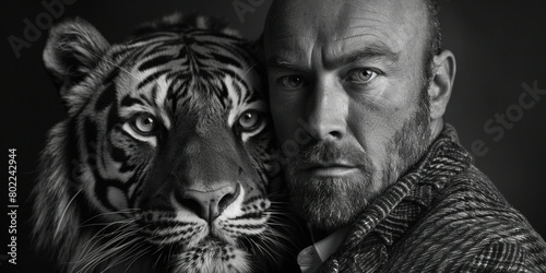 Man with a tiger on his shoulder posing for a black and white portrait with a beard