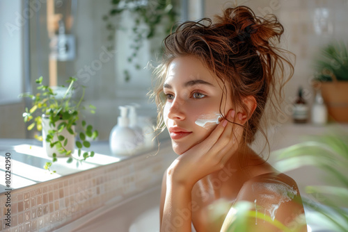 Dreamy Young Woman Applying Facial Cream