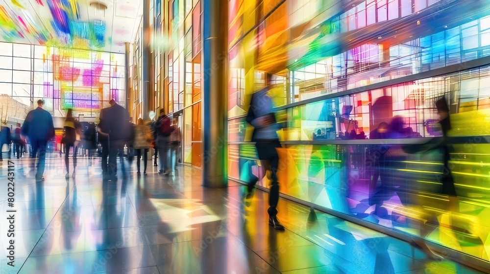 Stained glass illusion of blurred business people walking at a modern trade fair office or conference, created with a mosaic window and dynamic motion blur

