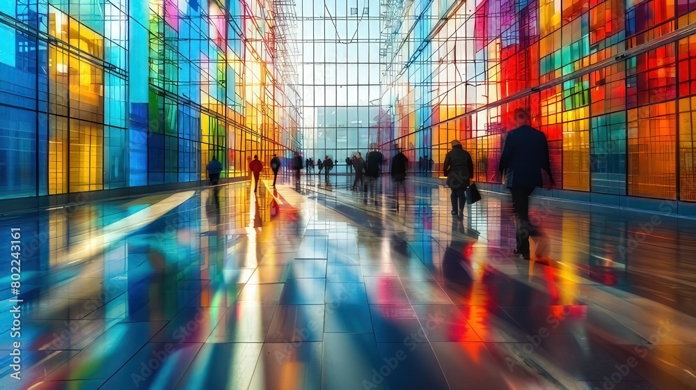 Stained glass illusion of blurred business people walking at a modern trade fair office or conference, created with a mosaic window and dynamic motion blur
