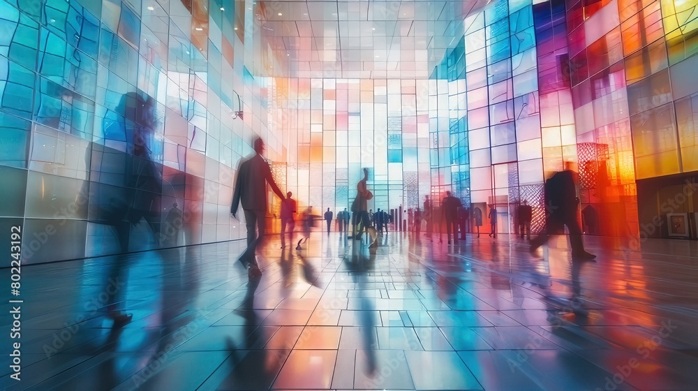 Stained glass illusion of blurred business people walking at a modern trade fair office or conference, created with a mosaic window and dynamic motion blur
