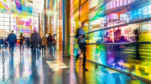 Stained glass illusion of blurred business people walking at a modern trade fair office or conference, created with a mosaic window and dynamic motion blur 