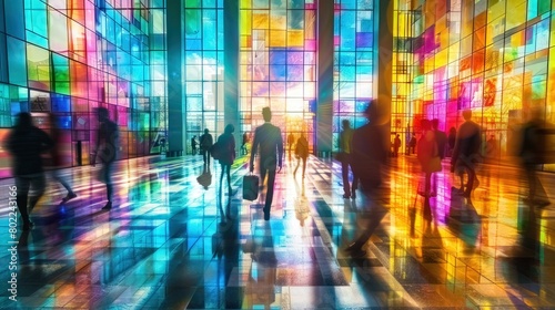 Stained glass illusion of blurred business people walking at a modern trade fair office or conference  created with a mosaic window and dynamic motion blur 