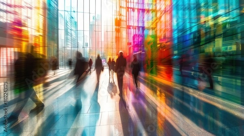 Stained glass illusion of blurred business people walking at a modern trade fair office or conference, created with a mosaic window and dynamic motion blur
