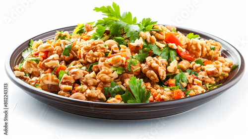 Delicious fresh salad with walnuts on plate 