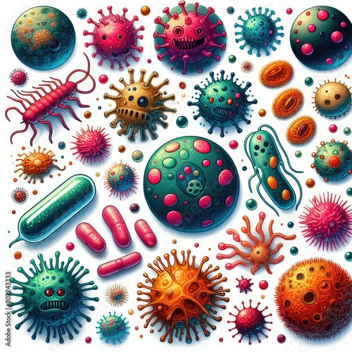 Set of viruses and microbes isolated on a white background
