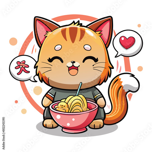 a cartoon cat with a bowl of noodles in it and a cat with a bowl of noodles in it