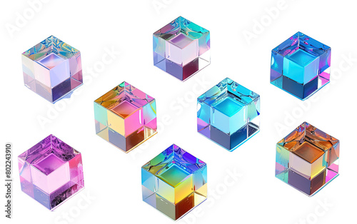 Set of 3d crystal glass cubes with refraction and hol on white background,png