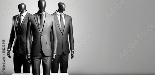 Group of mannequins in men traditional costumes, gray background isolate. AI generated.