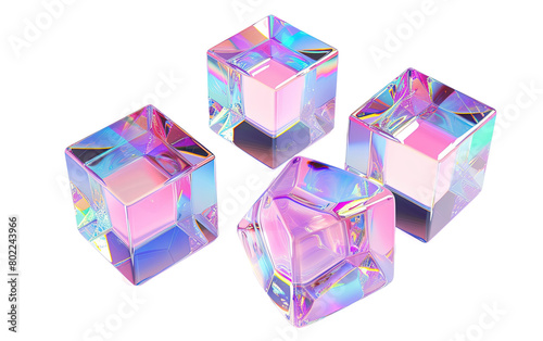 Set of 3d crystal glass cubes with refraction and hol on white background,png photo